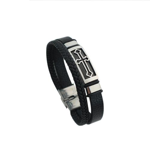 PU Leather Cord Bracelets, Titanium Steel, with PU Leather, fashion jewelry & for man Approx 21.5 cm [