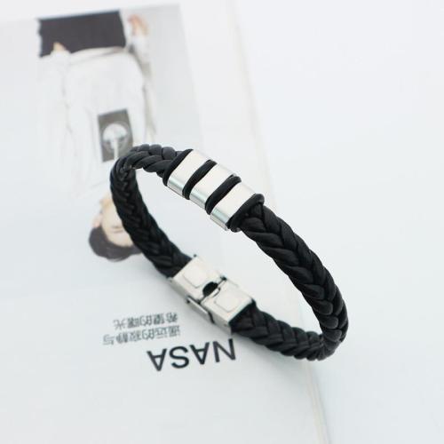 PU Leather Cord Bracelets, Titanium Steel, with PU Leather, fashion jewelry & for man, black Approx 22 cm [