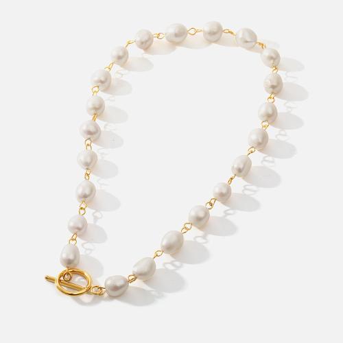 Natural Freshwater Pearl Necklace, 304 Stainless Steel, with Freshwater Pearl, 18K gold plated, fashion jewelry & for woman, golden Approx 34.5 cm 