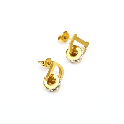 Stainless Steel Stud Earring, 304 Stainless Steel, Letter D, Vacuum Ion Plating, fashion jewelry & micro pave cubic zirconia & for woman, golden 