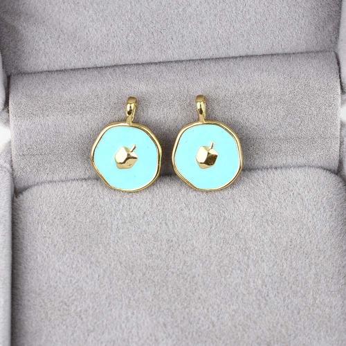 Enamel Brass Pendants, Slightly Round, gold color plated, DIY & double-sided, acid blue 