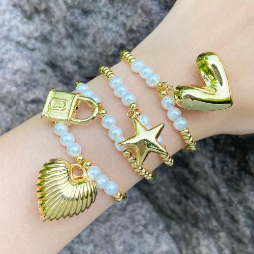 Brass Bracelets, with Plastic Pearl, gold color plated, fashion jewelry golden 