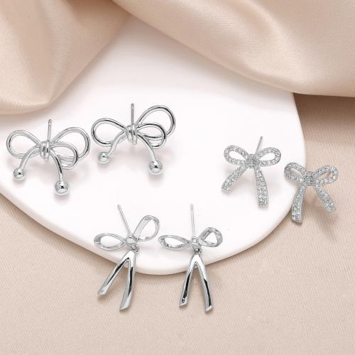 Cubic Zirconia Micro Pave Brass Earring, Bowknot, silver color plated, fashion jewelry & micro pave cubic zirconia, silver color 