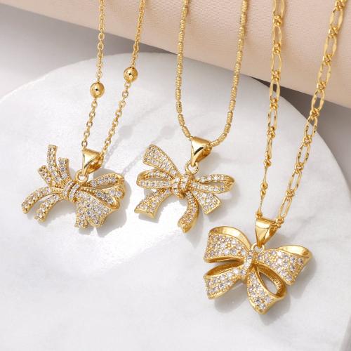 Cubic Zircon Micro Pave Brass Necklace, Bowknot, gold color plated, fashion jewelry & micro pave cubic zirconia, golden 