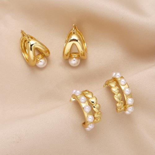 Brass Stud Earring, with Plastic Pearl, gold color plated, fashion jewelry gold 