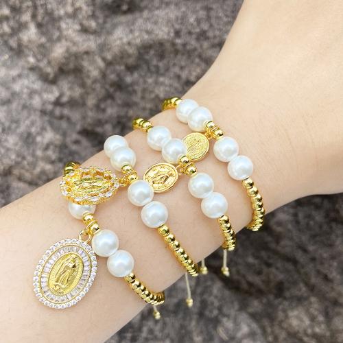 Cubic Zirconia Micro Pave Brass Bracelet, with Plastic Pearl, gold color plated, fashion jewelry & micro pave cubic zirconia, golden 
