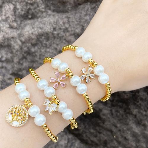 Cubic Zirconia Micro Pave Brass Bracelet, with Nylon Cord & Plastic Pearl, gold color plated, fashion jewelry & micro pave cubic zirconia, golden 