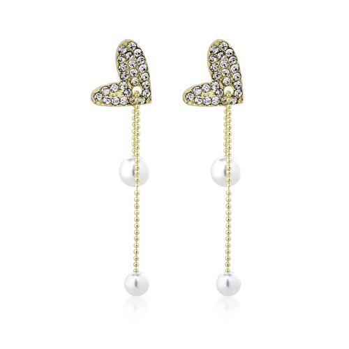 Plastic Pearl Zinc Alloy Earring, with Plastic Pearl, Heart, fashion jewelry & for woman & with rhinestone, gold 