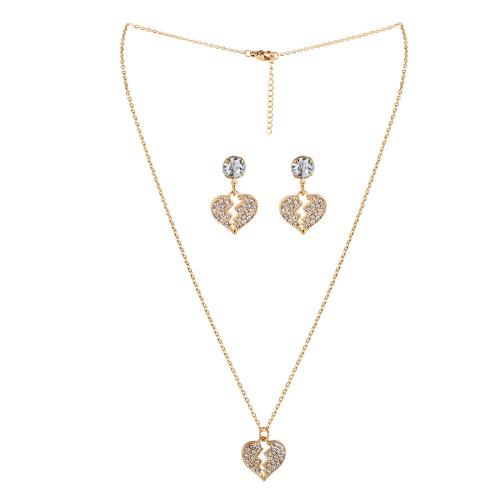 Jewelry Gift Sets, Iron, Stud Earring & necklace, Heart, 2 pieces & fashion jewelry & for woman & with rhinestone, gold 