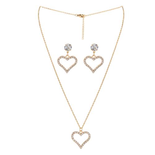Jewelry Gift Sets, Iron, Stud Earring & necklace, Heart, 2 pieces & fashion jewelry & for woman & with rhinestone, gold 