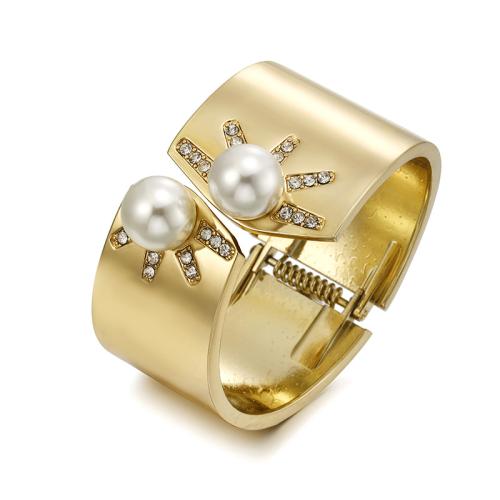 Zinc Alloy Cuff Bangle, with Plastic Pearl, plated, micro pave cubic zirconia & for woman Inner Approx 