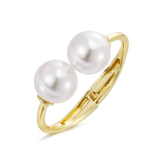 Zinc Alloy Cuff Bangle, with Plastic Pearl, plated, for woman, gold, Inner Approx 