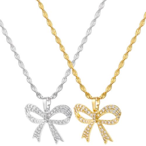 Cubic Zircon Micro Pave Brass Necklace, Bowknot, plated, micro pave cubic zirconia & for woman 