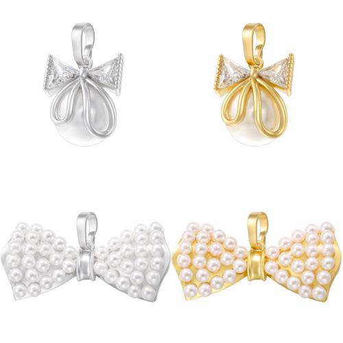Cubic Zirconia Micro Pave Brass Pendant, with Plastic Pearl, Bowknot, plated, DIY & micro pave cubic zirconia 