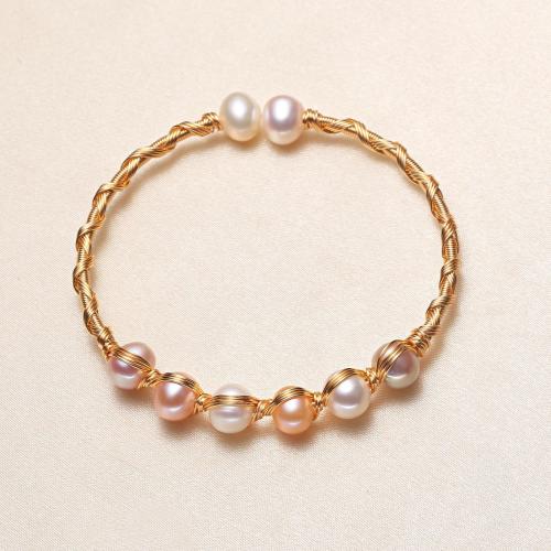 Cultured Freshwater Pearl Brass Bracelet, with Freshwater Pearl, fashion jewelry & for woman, golden Approx 17 cm 