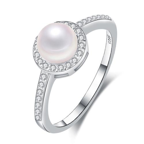 Cubic Zirconia Micro Pave Sterling Silver Finger Ring, 925 Sterling Silver, with Freshwater Pearl, fashion jewelry & micro pave cubic zirconia & for woman 