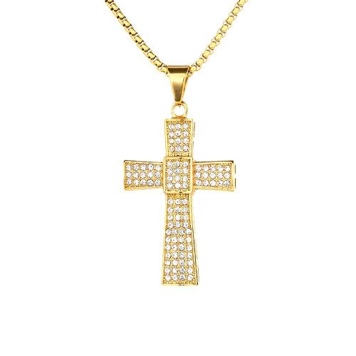Stainless Steel Cross Pendants, 316 Stainless Steel, fashion jewelry & Unisex & with rhinestone, golden 