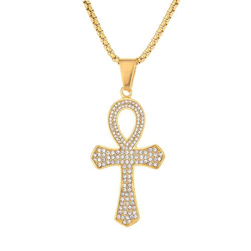 Stainless Steel Cross Pendants, 316 Stainless Steel, fashion jewelry & Unisex & with rhinestone, golden 