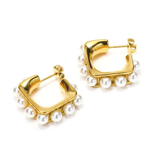 Edelstahl Stud Ohrring, 304 Edelstahl, mit Kunststoff Perlen, Vakuum-Ionen-Beschichtung, Modeschmuck & für Frau, goldfarben, 25x26mm, verkauft von Paar