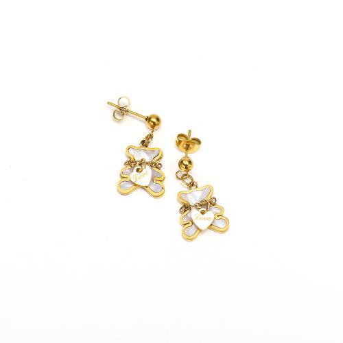 Stainless Steel Stud Earring, 304 Stainless Steel, with Shell, Bear, Vacuum Ion Plating, fashion jewelry & for woman 