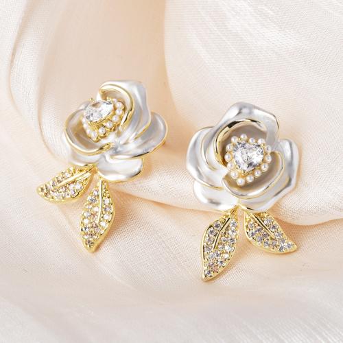 Cubic Zirconia Micro Pave Brass Earring, Flower, plated, fashion jewelry & micro pave cubic zirconia & enamel 24mm 