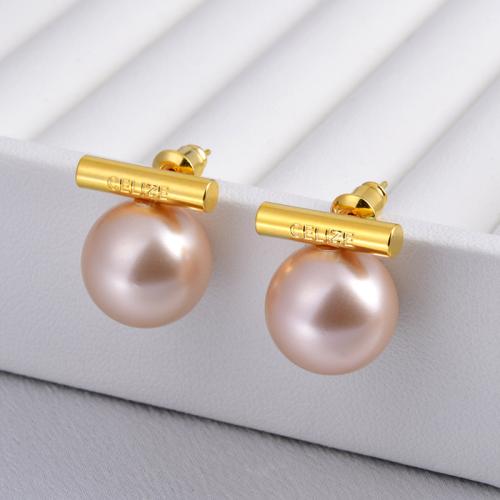 Brass Stud Earring, with Plastic Pearl, plated, fashion jewelry 