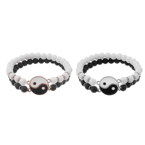 Couple Bracelet, Zinc Alloy, with Abrazine Stone, plated, 2 pieces & Unisex & enamel, white and black [