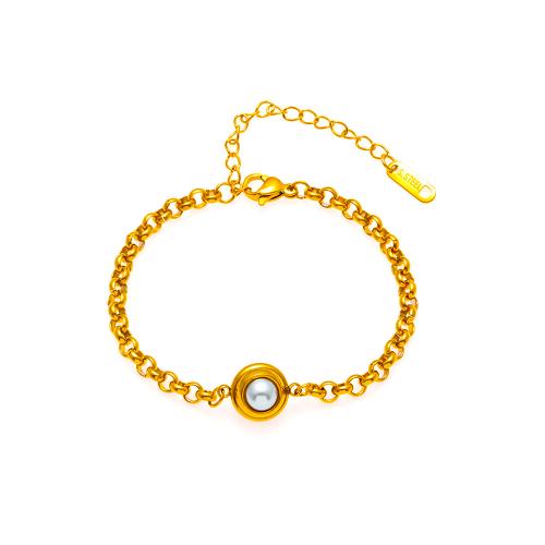 Titanium Steel Bracelet, with Plastic Pearl, with 5cm extender chain, fashion jewelry & for woman, golden Approx 17 cm [