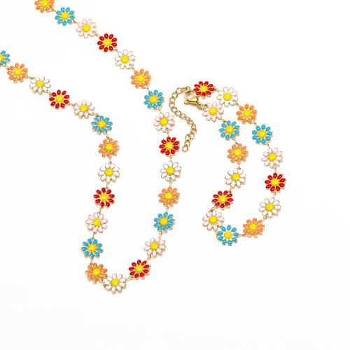 Enamel Stainless Steel Jewelry Sets, 304 Stainless Steel, bracelet & necklace, Flower, Vacuum Ion Plating, fashion jewelry & for woman 
