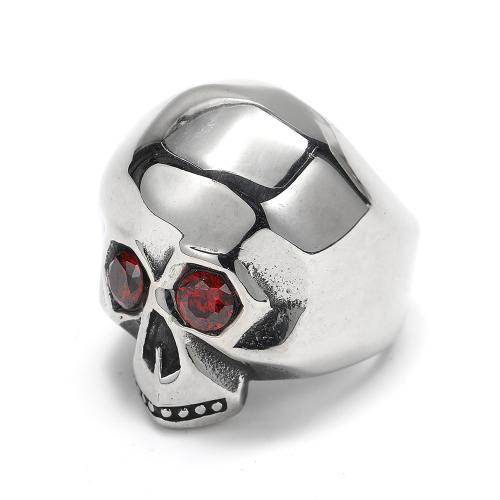Cubic Zirconia Stainless Steel Finger Ring, 304 Stainless Steel, with Cubic Zirconia, Skull, punk style & for man, original color 