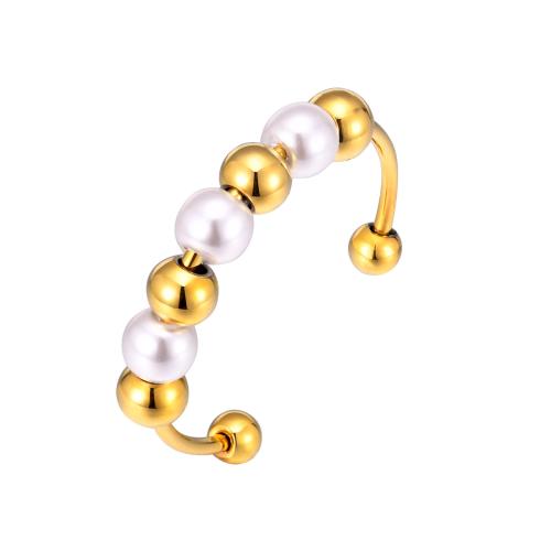 Stainless Steel Finger Ring, 304 Stainless Steel, with Plastic Pearl, plated, for woman, golden, US Ring 