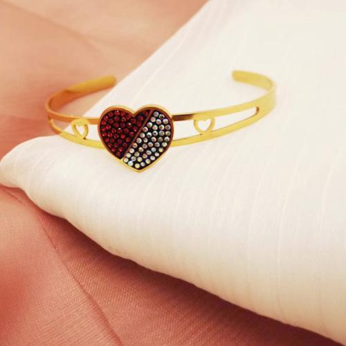 Stainless Steel Cuff Bangle, 304 Stainless Steel, Heart, Vacuum Ion Plating, fashion jewelry & for woman & with rhinestone, mixed colors, 17mm, Inner Approx 65mm 
