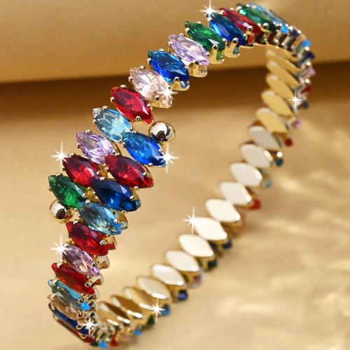 Brass Cuff Bangle, with Cubic Zirconia, gold color plated, fashion jewelry & for woman, mixed colors, Inner Approx 64mm 