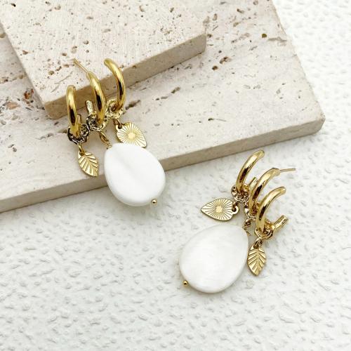 White Shell Earrings, 304 Stainless Steel, with White Shell, Teardrop, Vacuum Ion Plating, fashion jewelry & for woman, white 
