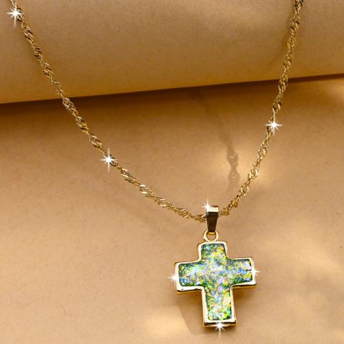 Brass Jewelry Necklace, with Resin, Cross, gold color plated, fashion jewelry & Unisex, green Approx 44 cm [