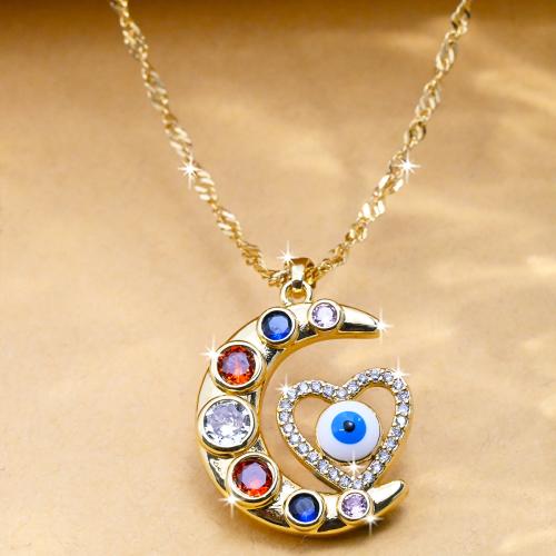 Evil Eye Jewelry Necklace, Brass, with Cubic Zirconia, Moon, gold color plated, fashion jewelry & Unisex & enamel, mixed colors Approx 44 cm [