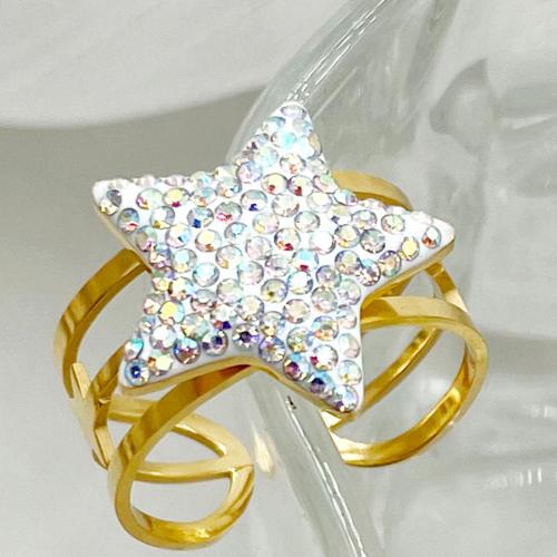 Rhinestone Stainless Steel Finger Ring, 304 Stainless Steel, with Rhinestone Clay Pave, Star, Vacuum Ion Plating, fashion jewelry & for woman, mixed colors, 18mm, Inner Approx 22mm 