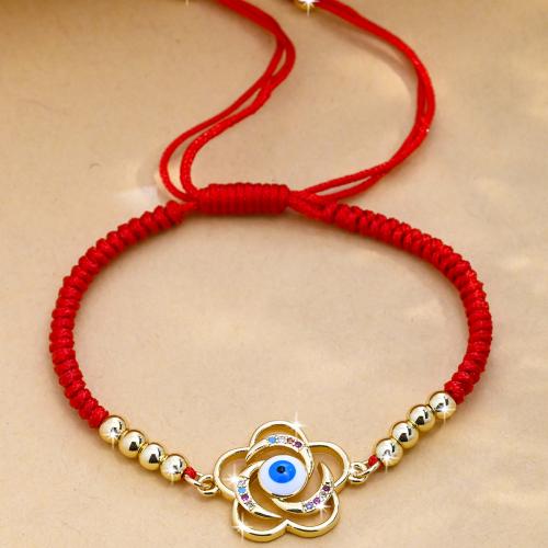 Evil Eye Jewelry Bracelet, Brass, with Knot Cord, Flower, gold color plated, Adjustable & fashion jewelry & Unisex & micro pave cubic zirconia & enamel, mixed colors Approx 15-24 cm 