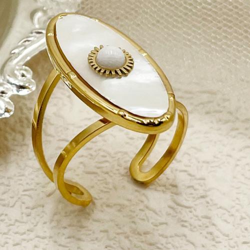 Shell Finger Ring, 304 Stainless Steel, with White Shell, Vacuum Ion Plating, fashion jewelry & for woman, white, 28mm, Inner Approx 21mm 
