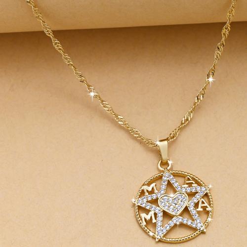 Cubic Zircon Micro Pave Brass Necklace, pentagram, gold color plated, fashion jewelry & Unisex & micro pave cubic zirconia & hollow Approx 44 cm 