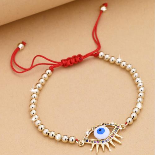 Evil Eye Jewelry Bracelet, Brass, with Knot Cord, gold color plated, Adjustable & fashion jewelry & Unisex & micro pave cubic zirconia & enamel & hollow, mixed colors Approx 15-24 cm 
