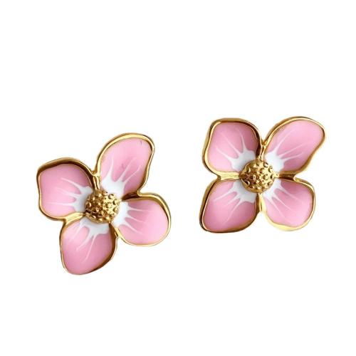 Stainless Steel Stud Earring, 304 Stainless Steel, Flower, Vacuum Ion Plating, fashion jewelry & for woman & enamel, pink 