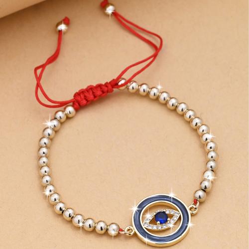 Evil Eye Jewelry Bracelet, Brass, with Knot Cord, Flat Round, gold color plated, Adjustable & fashion jewelry & Unisex & micro pave cubic zirconia & enamel & hollow, mixed colors Approx 15-24 cm 