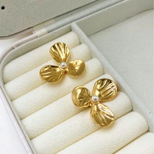 Stainless Steel Stud Earring, 304 Stainless Steel, with Plastic Pearl, Flower, Vacuum Ion Plating, fashion jewelry & for woman, golden 