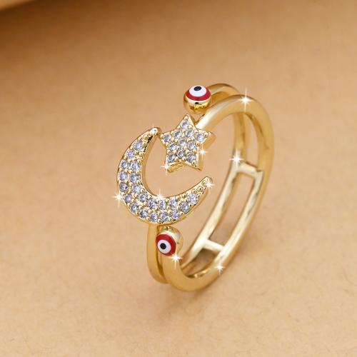 Cubic Zirconia Micro Pave Brass Finger Ring, Moon and Star, gold color plated, fashion jewelry & Unisex & micro pave cubic zirconia & enamel, mixed colors, inner mm 
