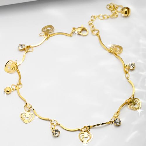 Brass Anklet, with 6cm extender chain, Heart, gold color plated, fashion jewelry & Unisex & micro pave cubic zirconia Approx 23 cm 