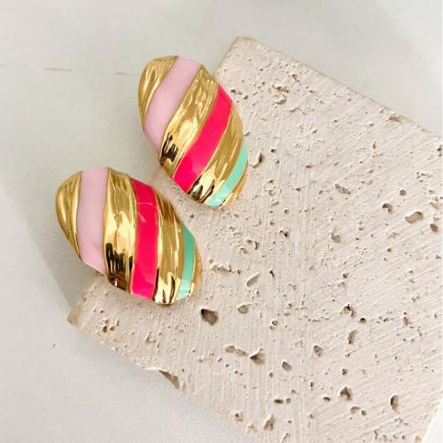 Stainless Steel Stud Earring, 304 Stainless Steel, Flat Oval, Vacuum Ion Plating, fashion jewelry & for woman & enamel, multi-colored 