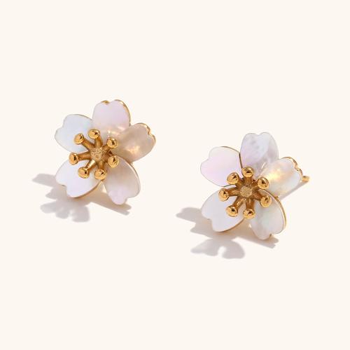 White Shell Earrings, 304 Stainless Steel, with Shell, Flower, 18K gold plated, fashion jewelry & for woman, golden, 14.3mm 