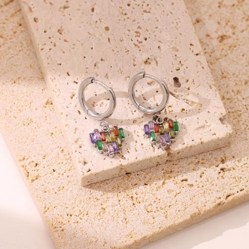 Huggie Hoop Drop Earring, 304 Stainless Steel, Heart, Vacuum Ion Plating, fashion jewelry & micro pave cubic zirconia & for woman 