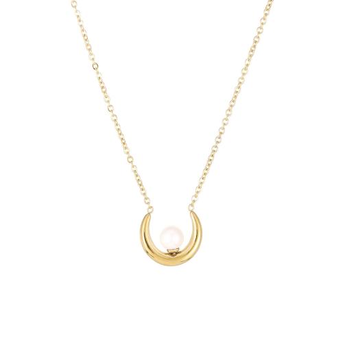 Edelstahl Schmuck Halskette, 304 Edelstahl, mit Kunststoff Perlen, mit Verlängerungskettchen von 5cm, Mond, Vakuum-Ionen-Beschichtung, Modeschmuck & für Frau, keine, 14.6mm, Länge:40 cm, verkauft von PC